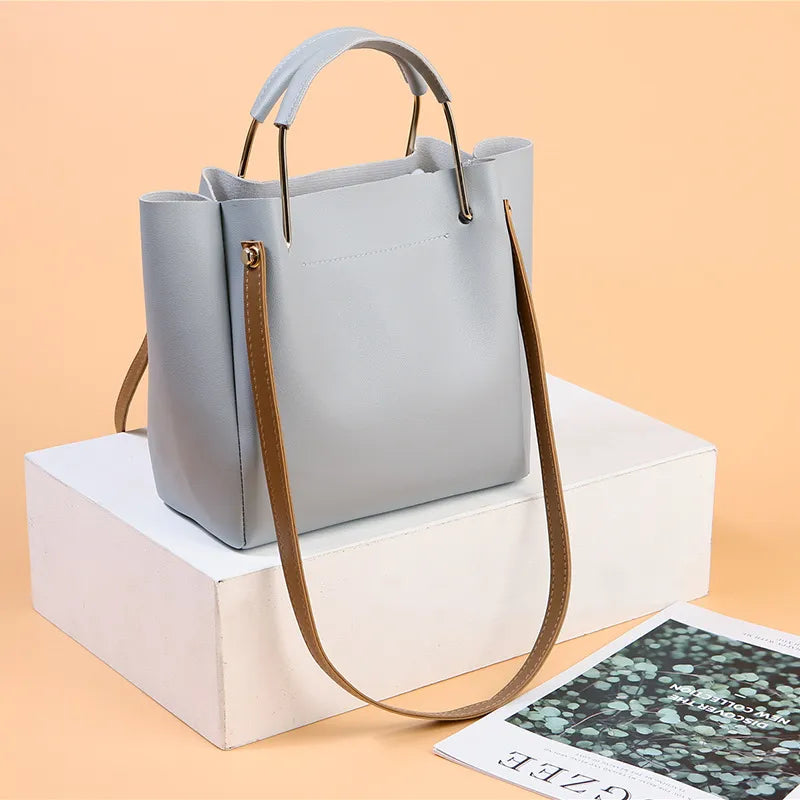Chic Leather Handbag with Metal Handle for Women
