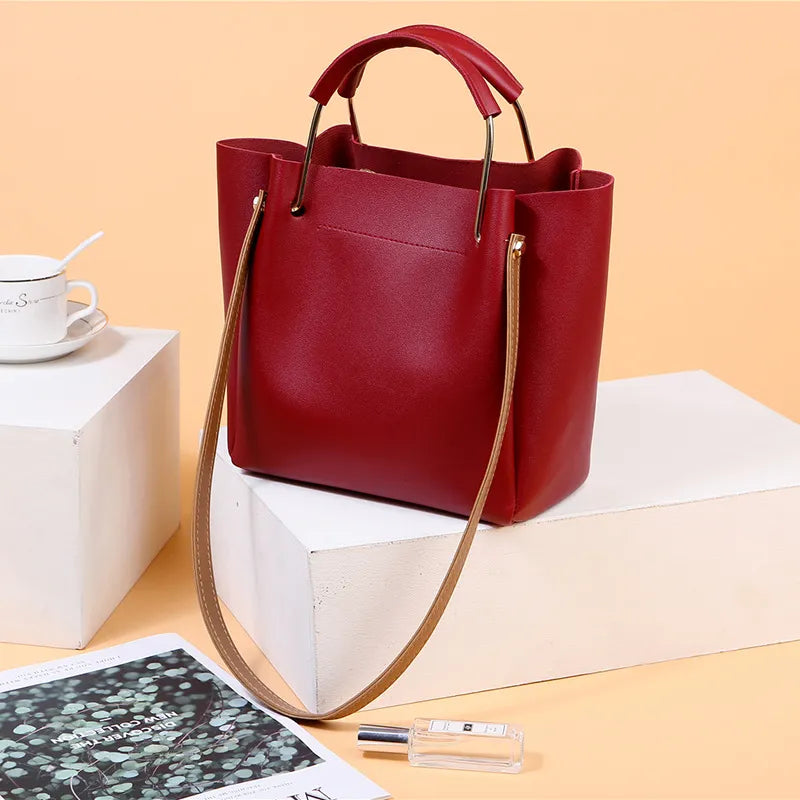 Chic Leather Handbag with Metal Handle for Women