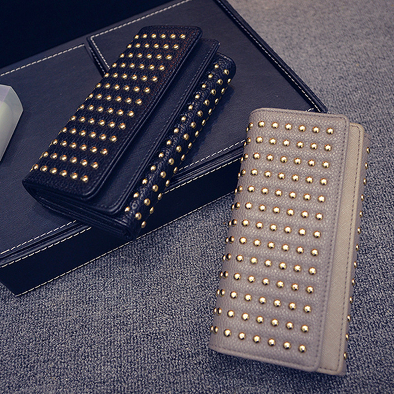 Women 's Wallet with Studs and Tri - Fold Design