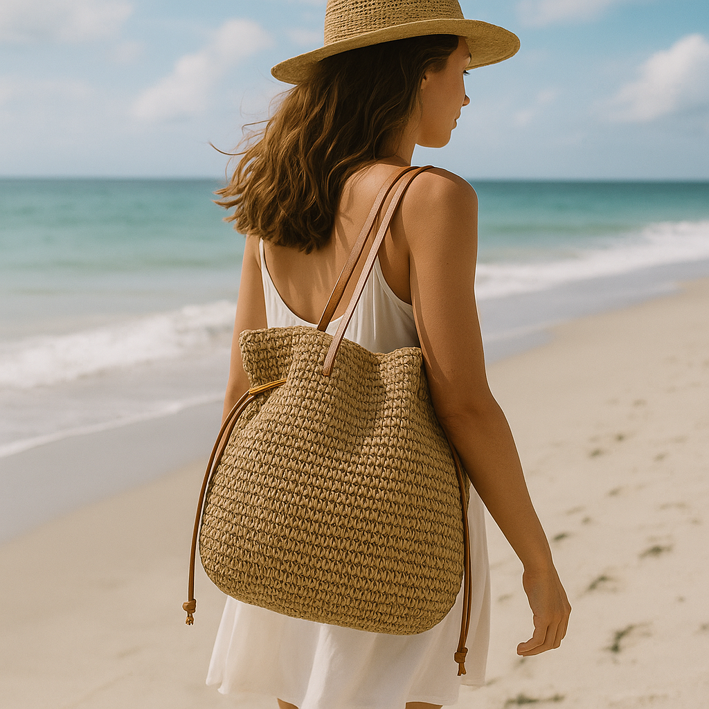 Large Straw Bag with Drawstring