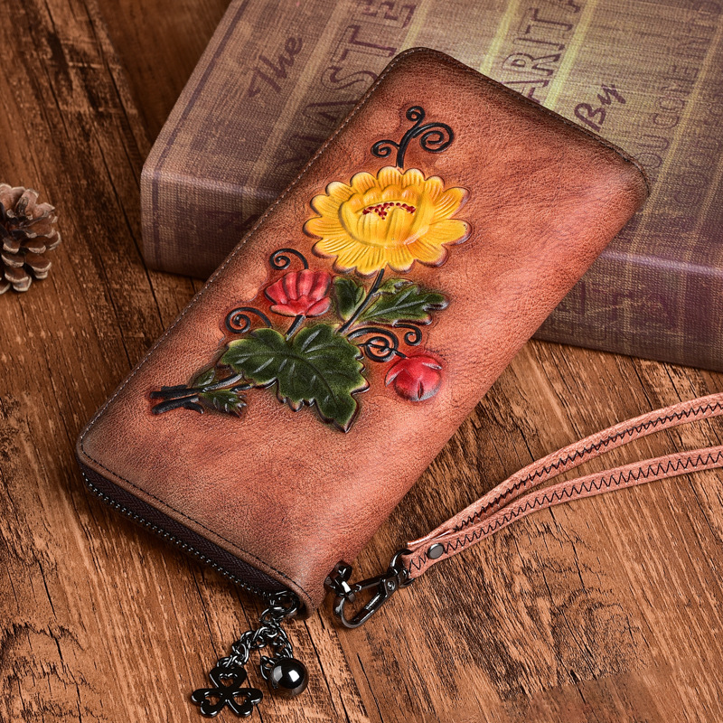 Classic Leather Wallet with Embossed Floral Pattern