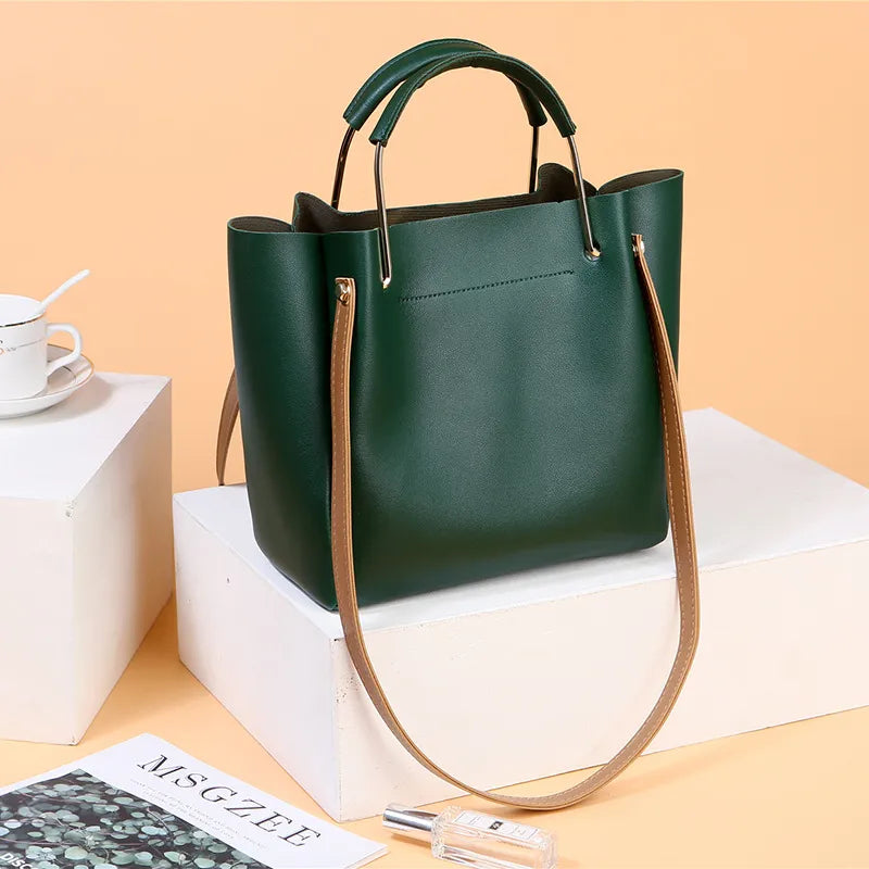 Chic Leather Handbag with Metal Handle for Women