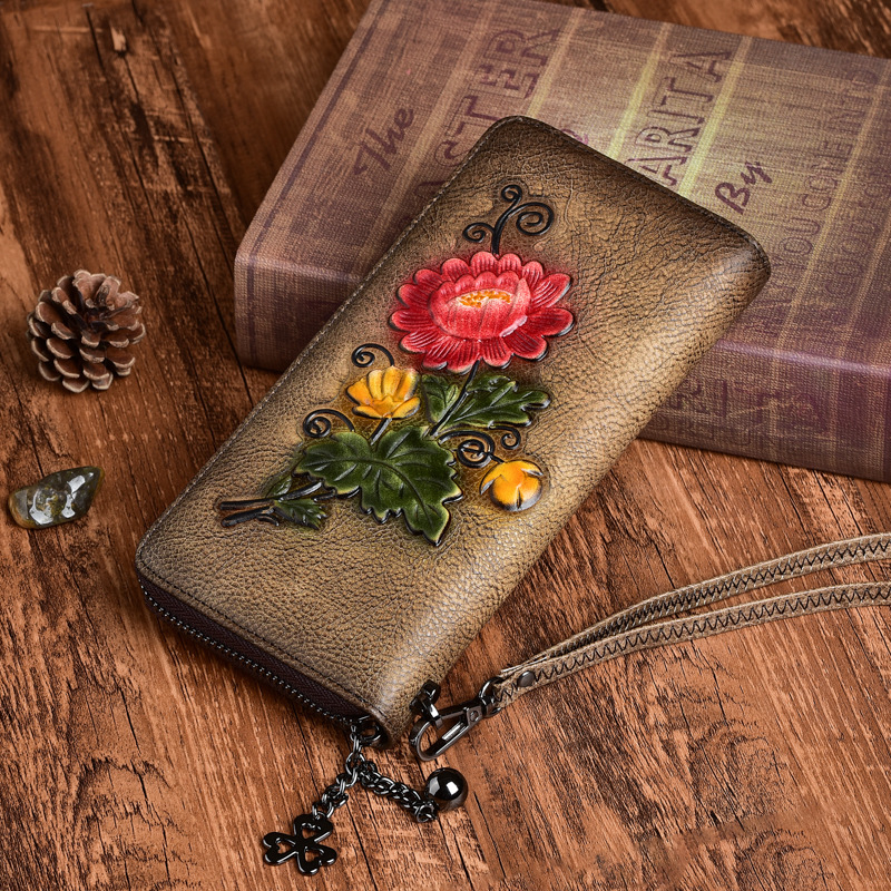 Classic Leather Wallet with Embossed Floral Pattern