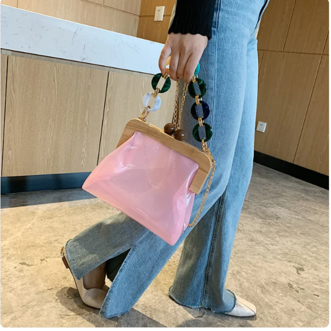 Fashionable Transparent Portable Bucket Handbag with Chain Strap