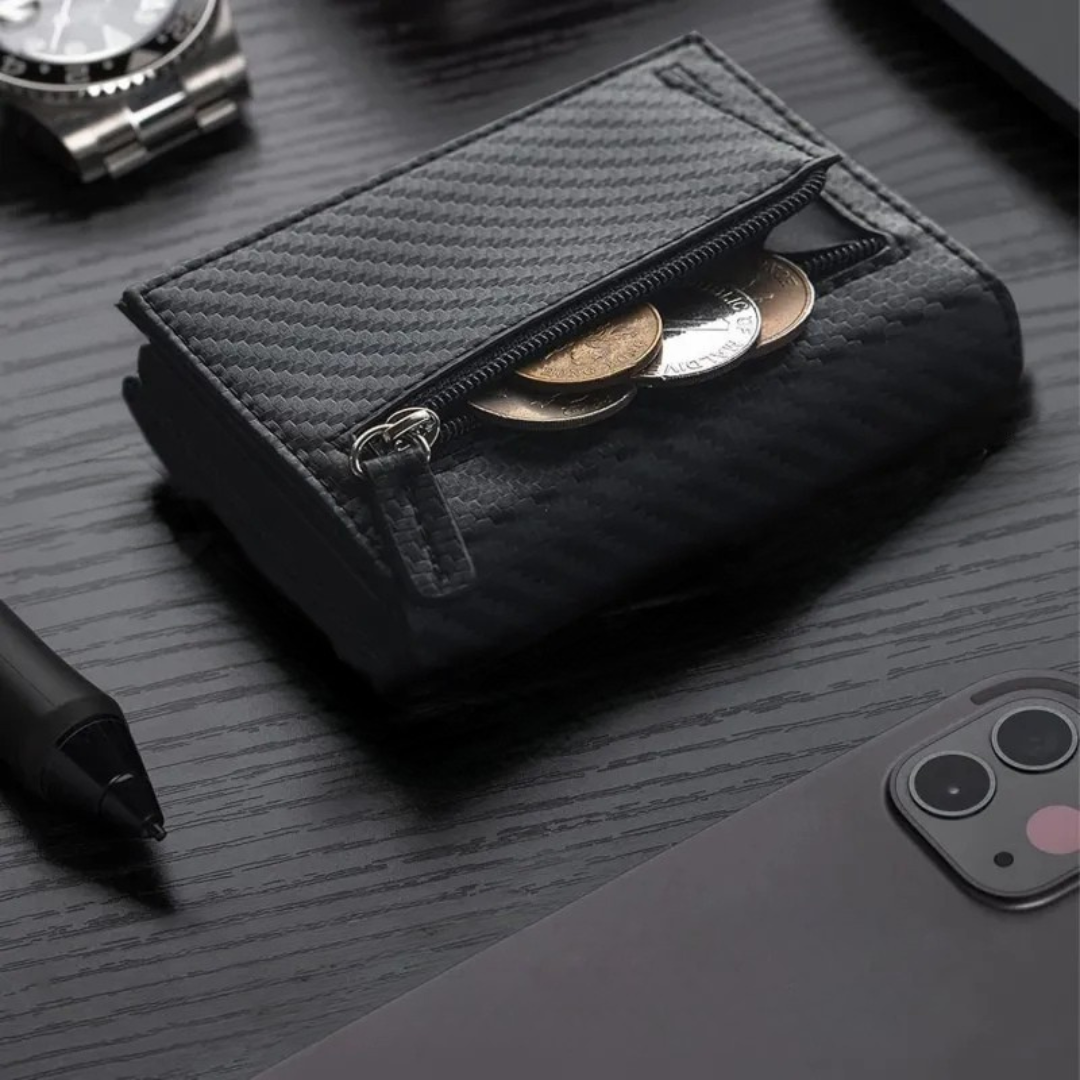 Tri - Fold Carbon Fibre Wallet with Anti - Theft Protection