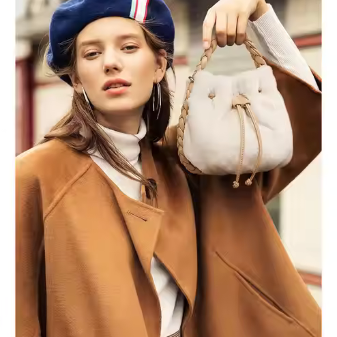 Comfortable Plush Bag in Bucket Design with Twist - Braided Fastening