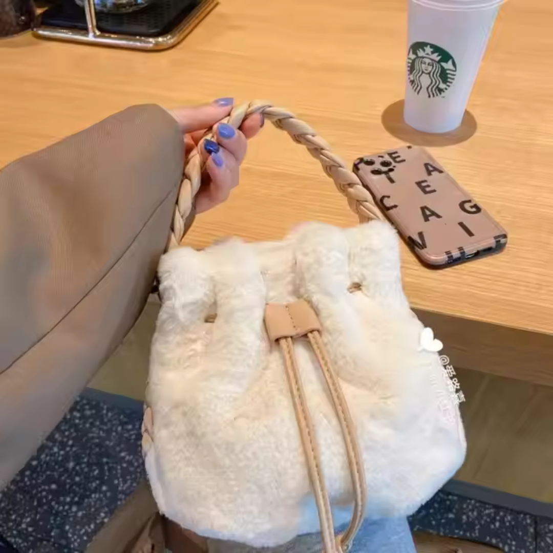 Comfortable Plush Bag in Bucket Design with Twist - Braided Fastening