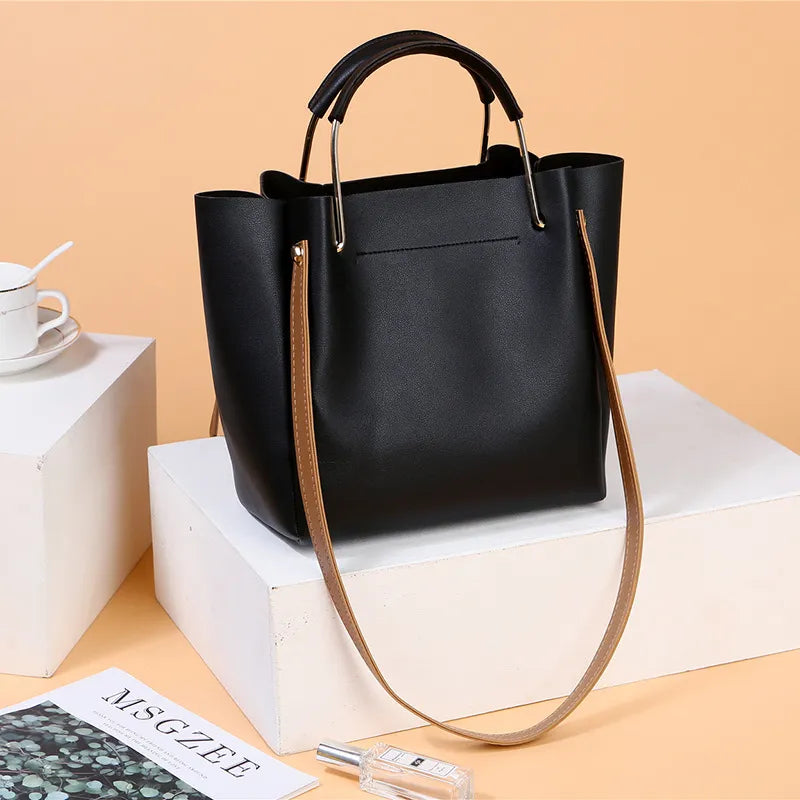 Chic Leather Handbag with Metal Handle for Women