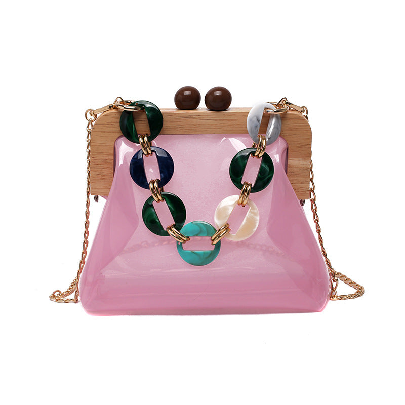 Fashionable Transparent Portable Bucket Handbag with Chain Strap