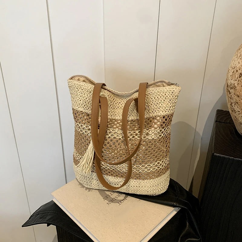 Stripe Straw Bag with Tassel Pendant