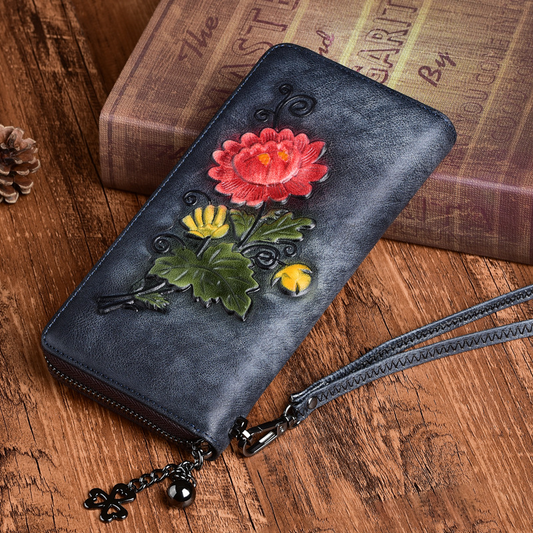 Classic Leather Wallet with Embossed Floral Pattern