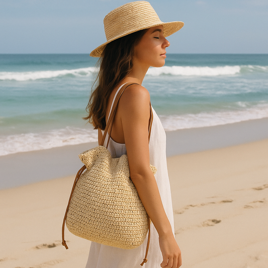 Large Straw Bag with Drawstring