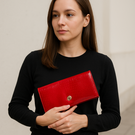 Red Clutch with Crocodile Leather Look