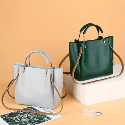 Chic Leather Handbag with Metal Handle for Women