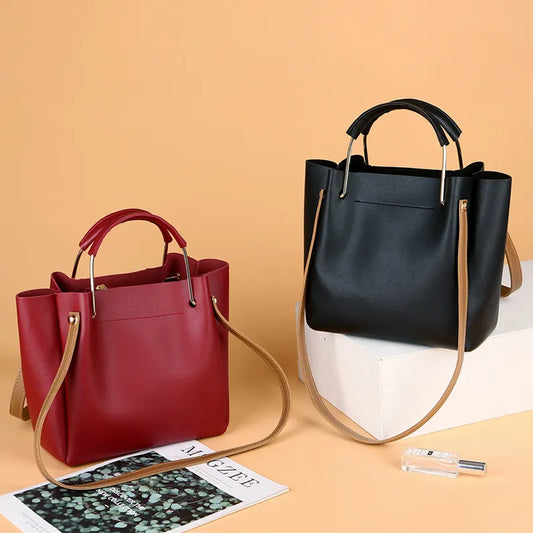Chic Leather Handbag with Metal Handle for Women