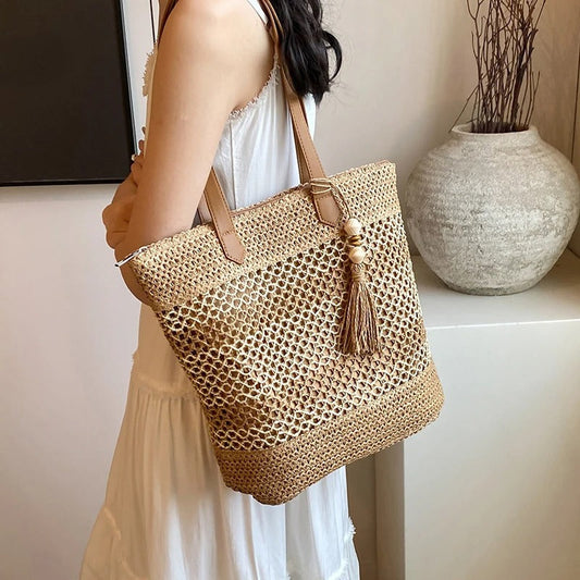 Stripe Straw Bag with Tassel Pendant