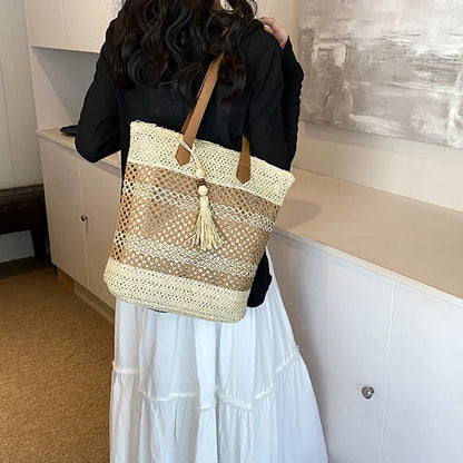 Stripe Straw Bag with Tassel Pendant
