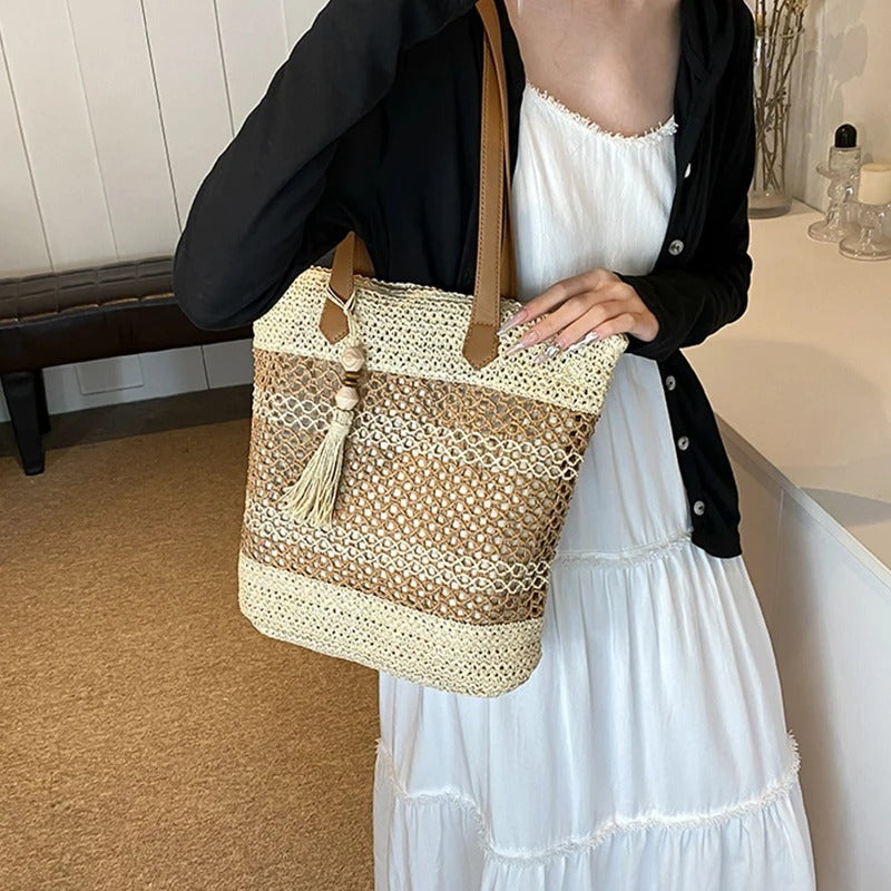 Stripe Straw Bag with Tassel Pendant
