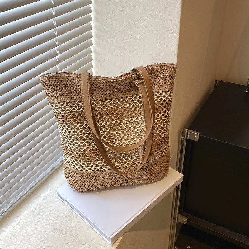 Stripe Straw Bag with Tassel Pendant