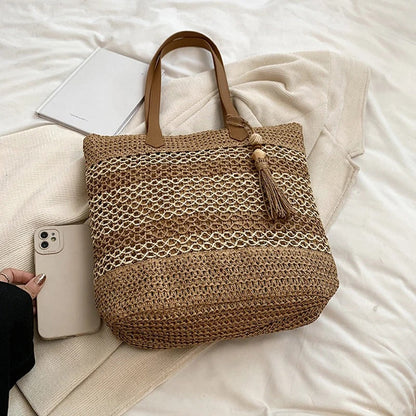 Stripe Straw Bag with Tassel Pendant